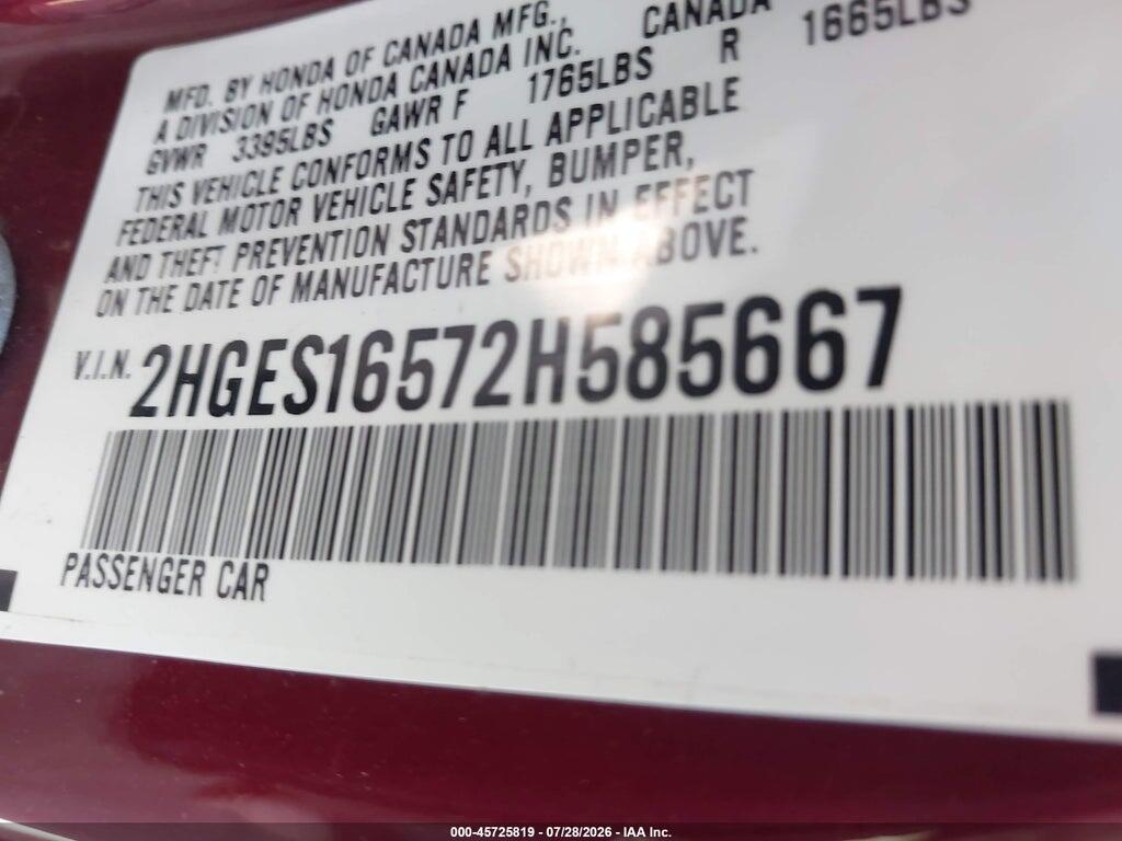 2HGES16572H585667 2002 HONDA CIVIC photo no. 9