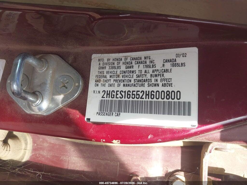 2HGES16552H600800 2002 HONDA CIVIC photo no. 9