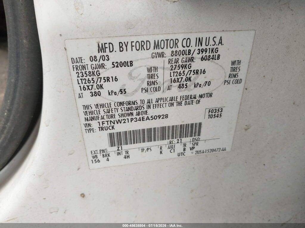 1FTNW21P34EA50928 2004 FORD F-250 photo no. 9