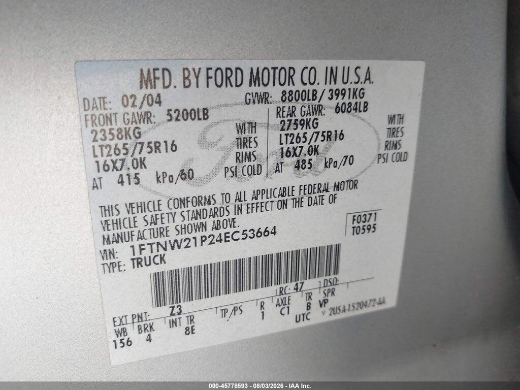 1FTNW21P24EC53664 2004 FORD F-250 photo no. 9