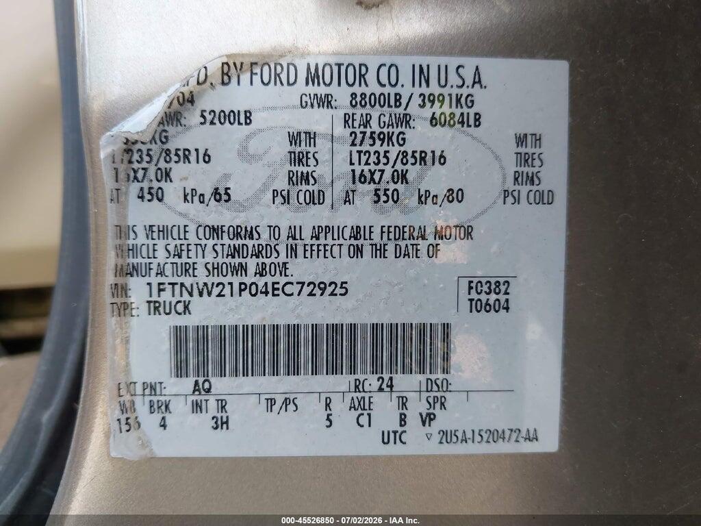 1FTNW21P04EC72925 2004 FORD F-250 photo no. 9