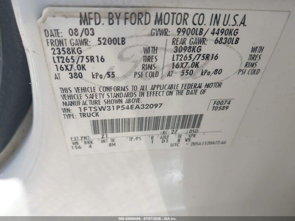 1FTSW31P54EA32097 2004 FORD F-350 photo no. 9