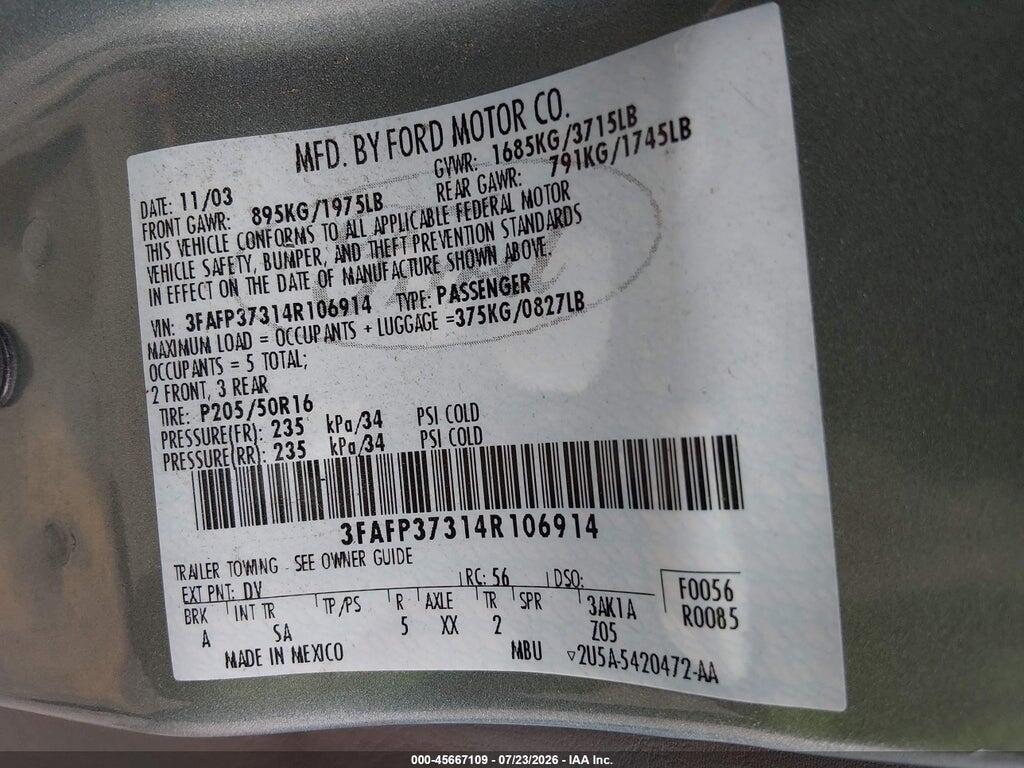 3FAFP37314R106914 2004 FORD FOCUS photo no. 9