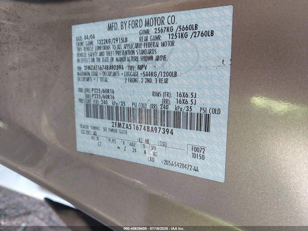 2FMZA51674BA97394 2004 FORD FREESTAR photo no. 9