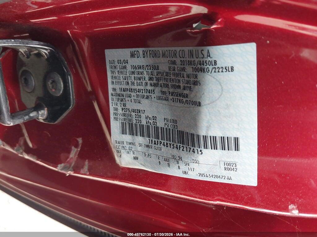 1FAFP48Y54F217415 2004 FORD MUSTANG photo no. 9