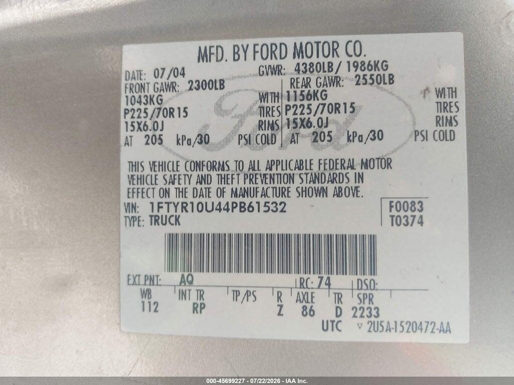 1FTYR10U44PB61532 2004 FORD RANGER photo no. 9