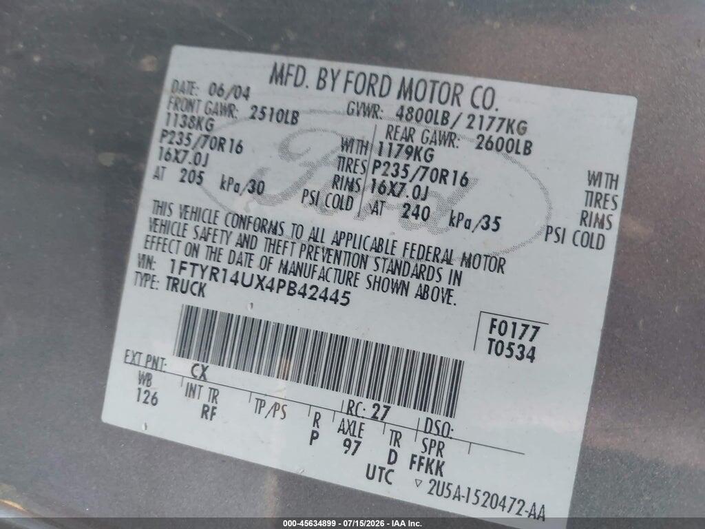 1FTYR14UX4PB42445 2004 FORD RANGER photo no. 9
