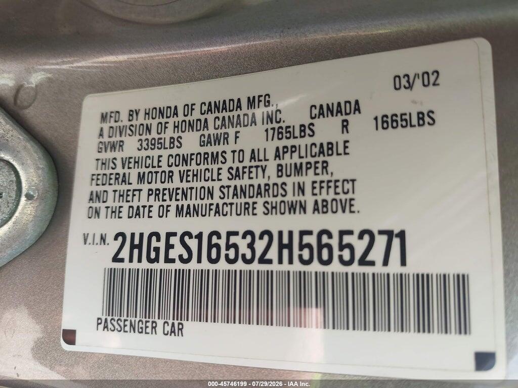 2HGES16532H565271 2002 HONDA CIVIC photo no. 9