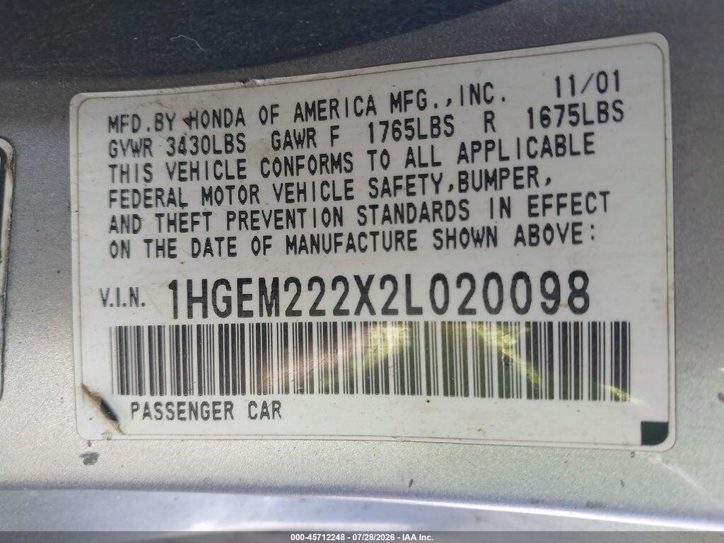 1HGEM222X2L020098 2002 HONDA CIVIC photo no. 9