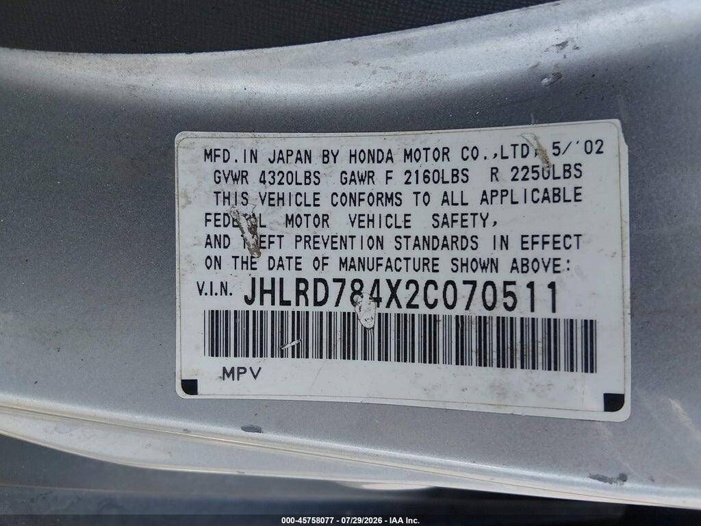 JHLRD784X2C070511 2002 HONDA CR-V photo no. 9