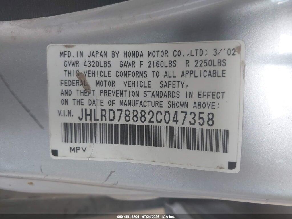 JHLRD78882C047358 2002 HONDA CR-V photo no. 9