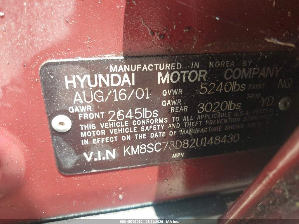 KM8SC73D82U148430 2002 HYUNDAI SANTA FE photo no. 9