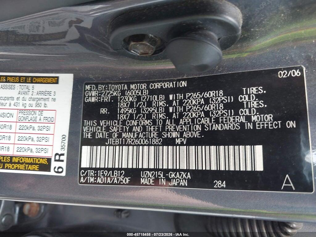 JTEBT17R260061882 2006 TOYOTA 4RUNNER photo no. 9