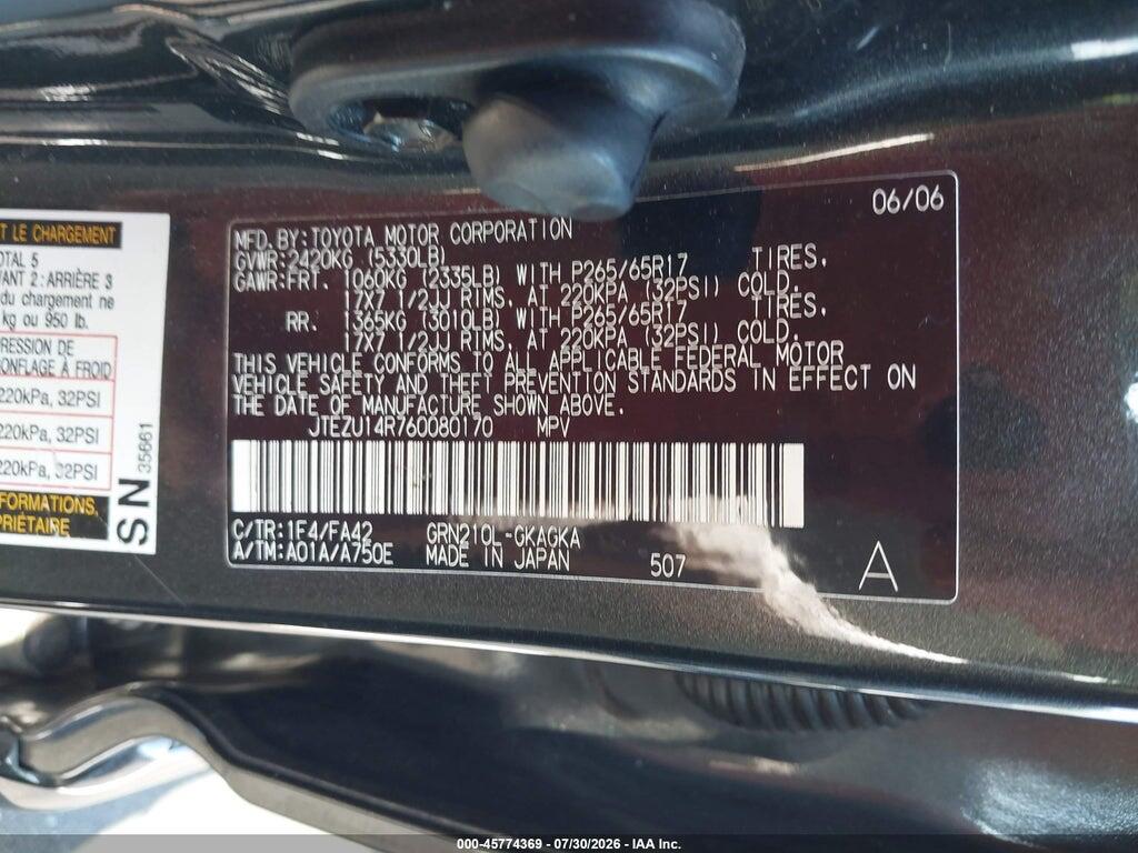 JTEZU14R760080170 2006 TOYOTA 4RUNNER photo no. 9