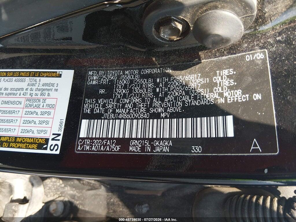 JTEBU14R860090840 2006 TOYOTA 4RUNNER photo no. 9