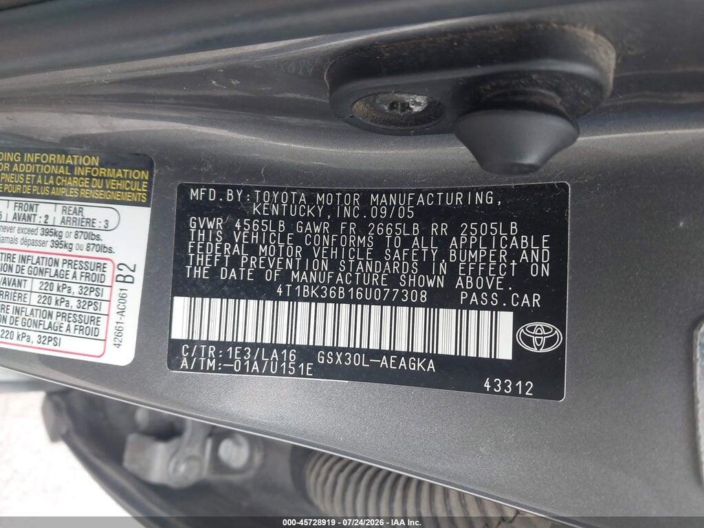 4T1BK36B16U077308 2006 TOYOTA AVALON photo no. 9