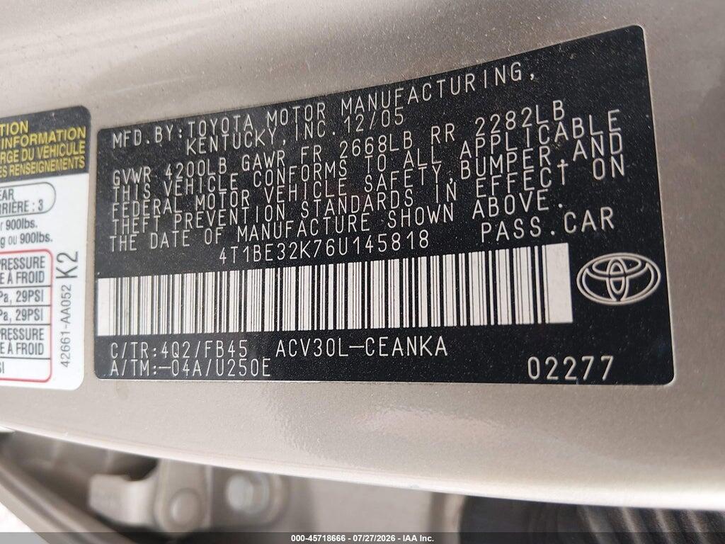4T1BE32K76U145818 2006 TOYOTA CAMRY photo no. 9