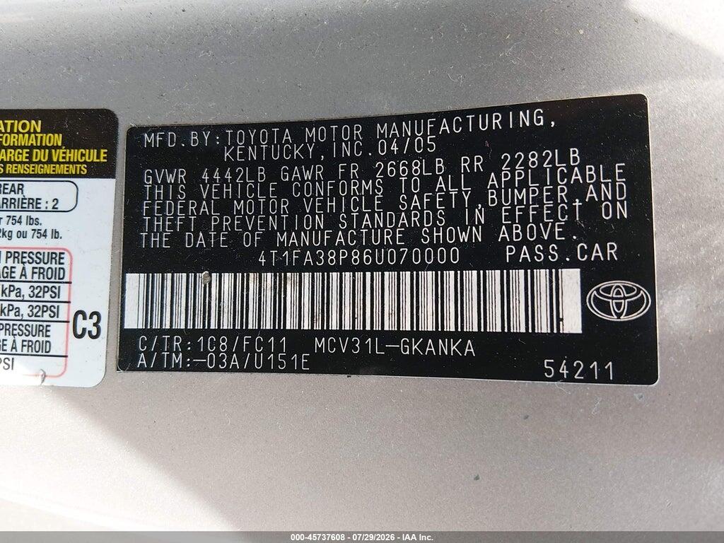 4T1FA38P86U070000 2006 TOYOTA CAMRY SOLARA photo no. 9