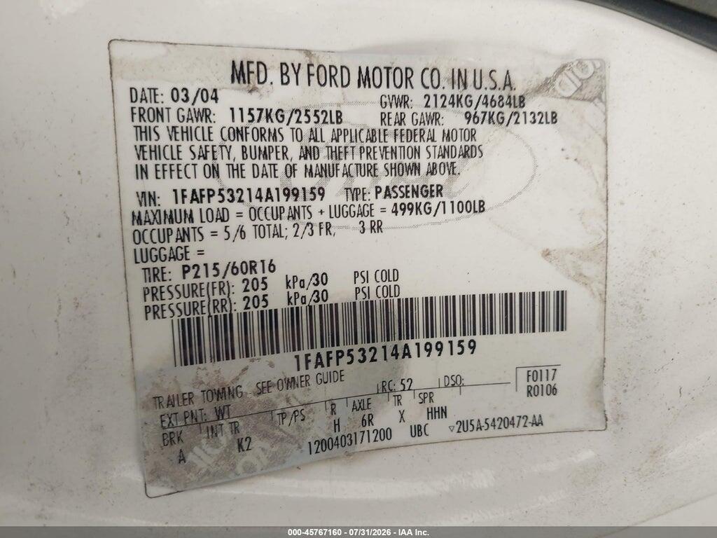 1FAFP53214A199159 2004 FORD TAURUS photo no. 9