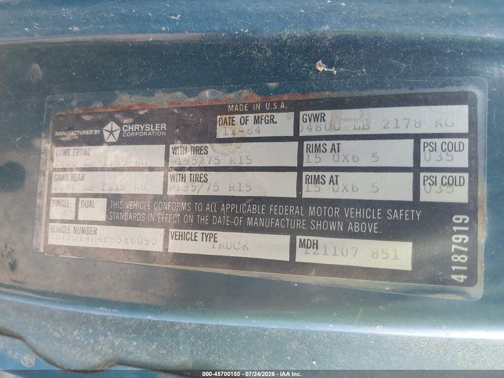 1B7FD14H4FS586090 1985 DODGE D-SERIES photo no. 9