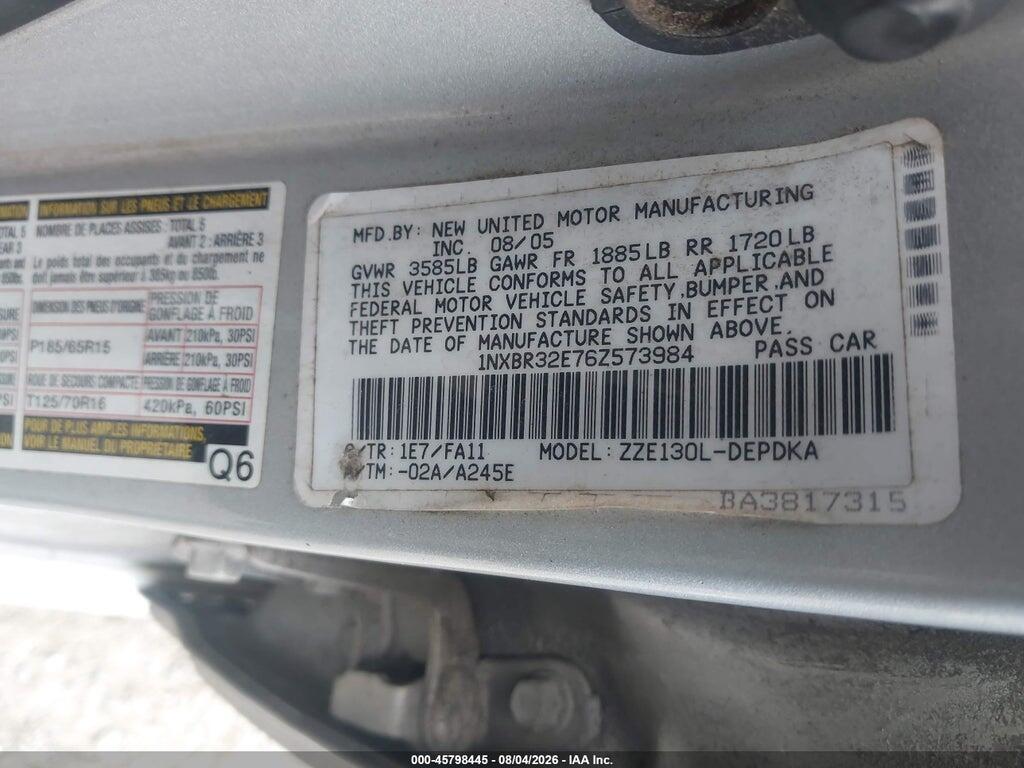 1NXBR32E76Z573984 2006 TOYOTA COROLLA photo no. 9
