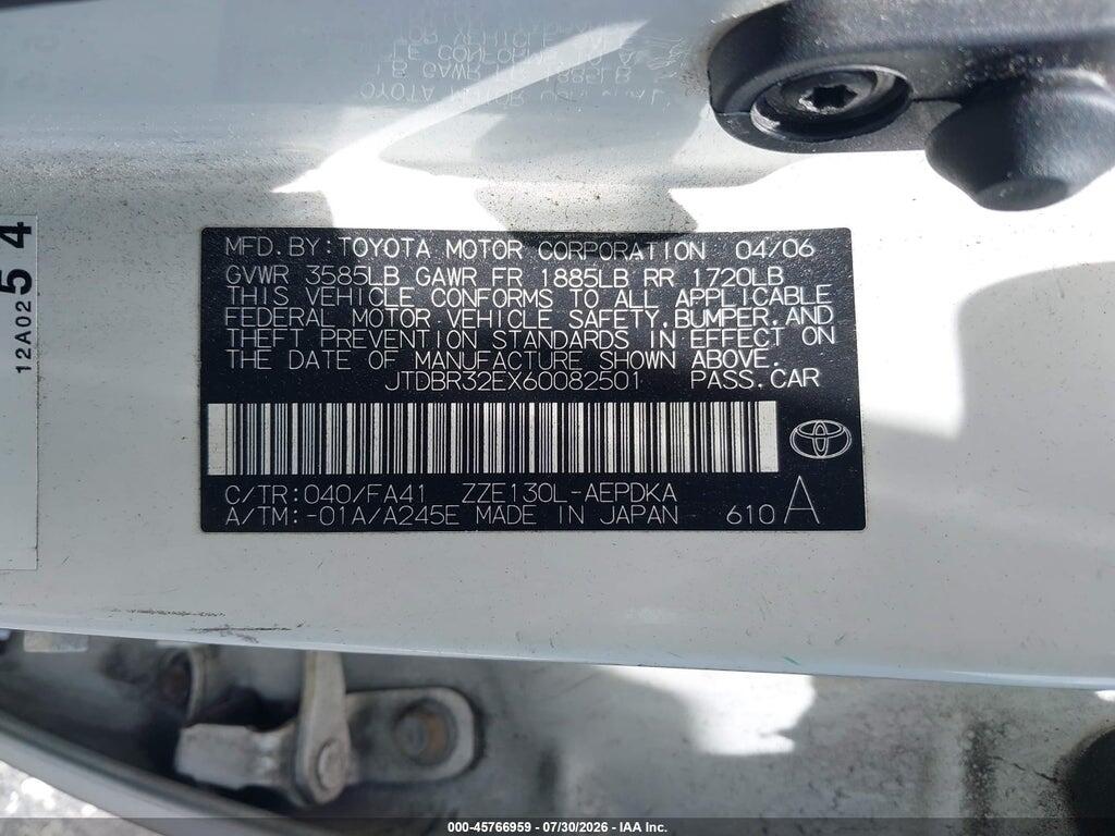 JTDBR32EX60082501 2006 TOYOTA COROLLA photo no. 9