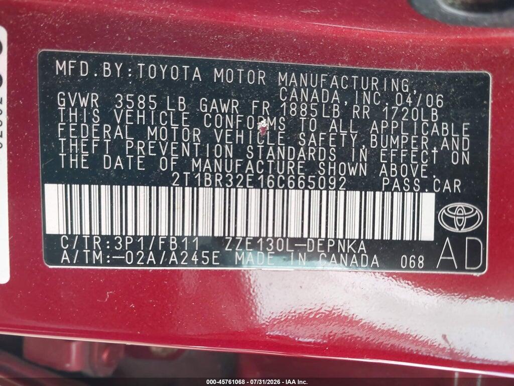 2T1BR32E16C665092 2006 TOYOTA COROLLA photo no. 9