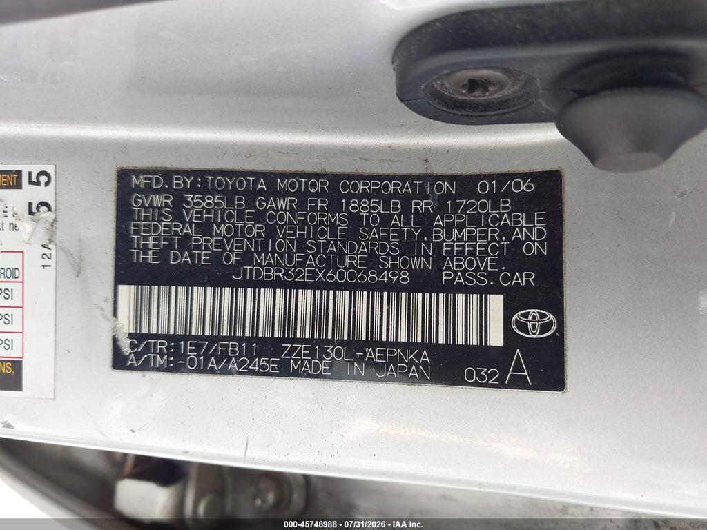 JTDBR32EX60068498 2006 TOYOTA COROLLA photo no. 9