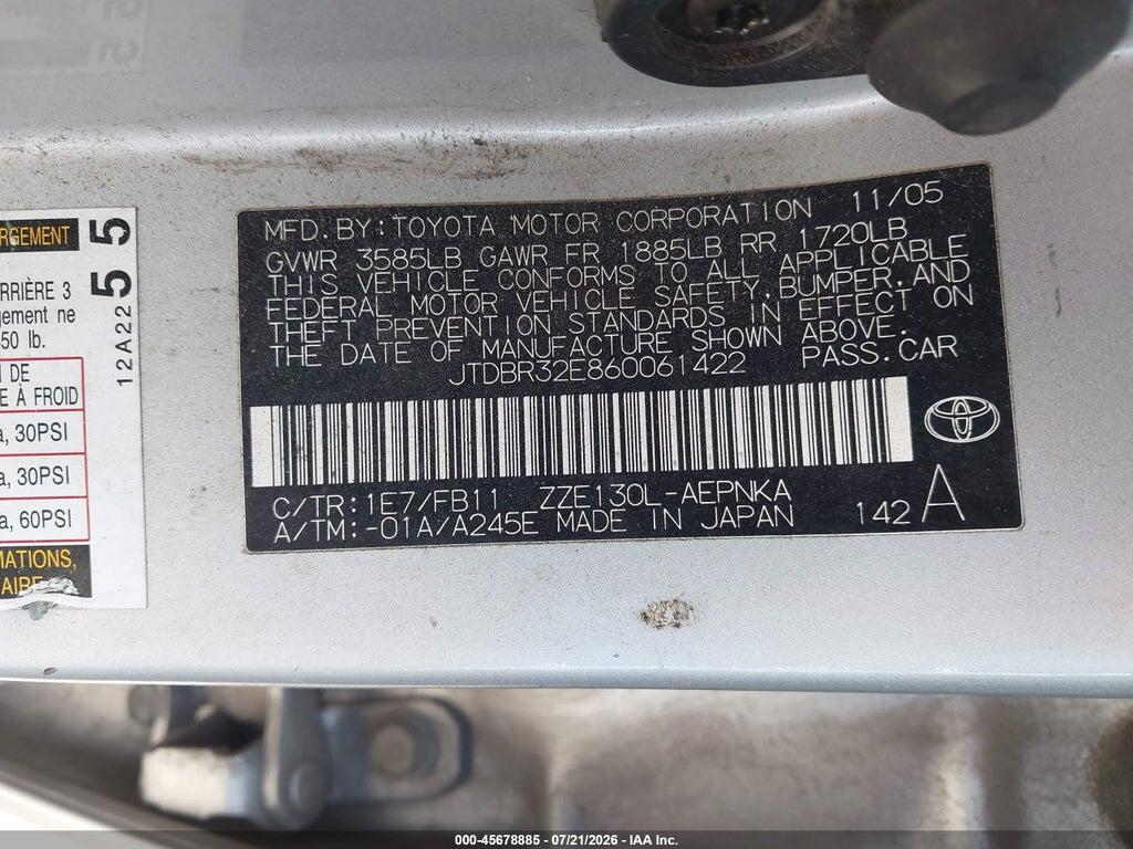 JTDBR32E860061422 2006 TOYOTA COROLLA photo no. 9