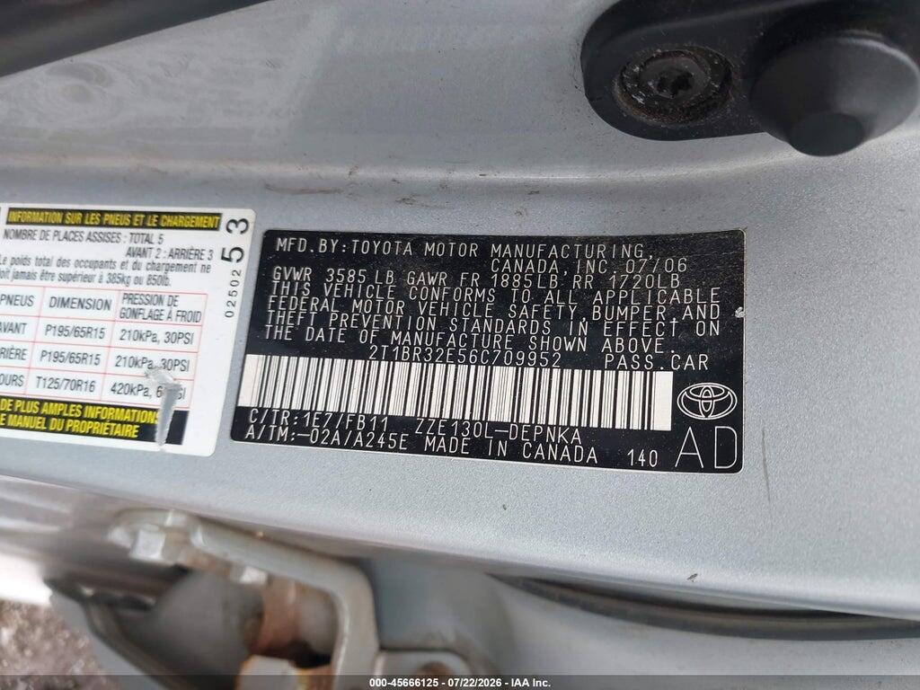 2T1BR32E56C709952 2006 TOYOTA COROLLA photo no. 9