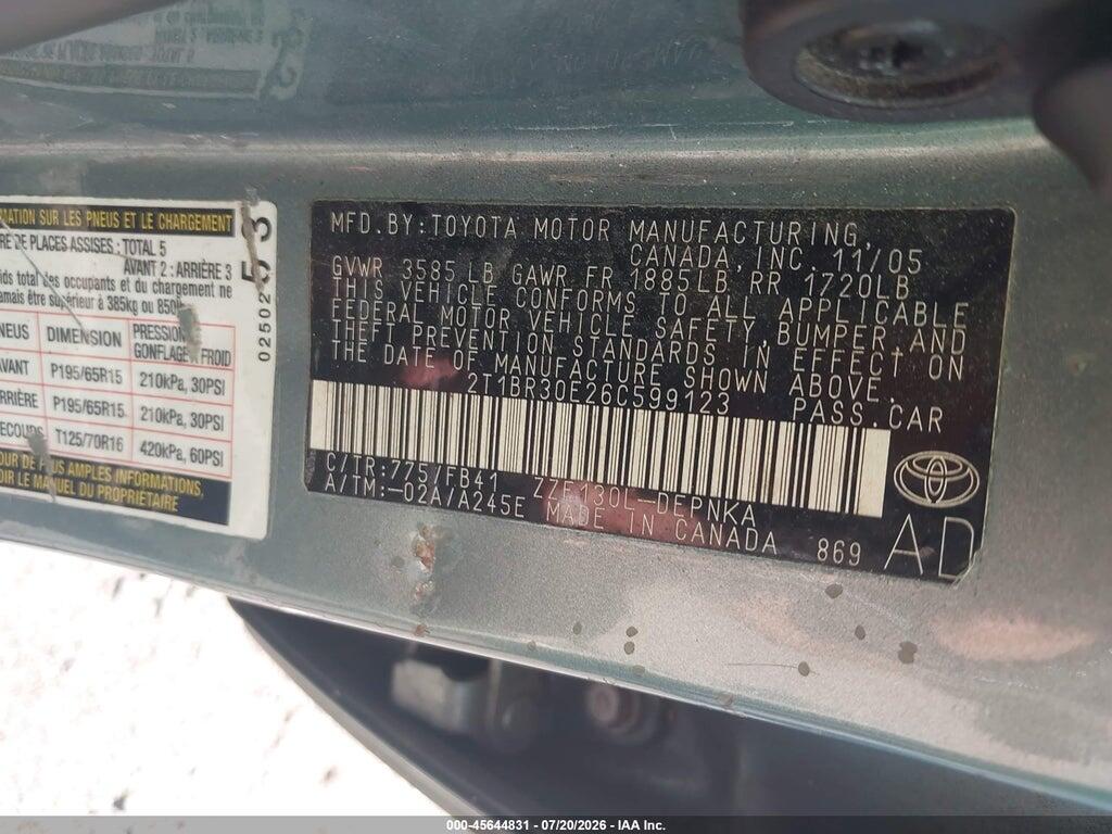 2T1BR30E26C599123 2006 TOYOTA COROLLA photo no. 9