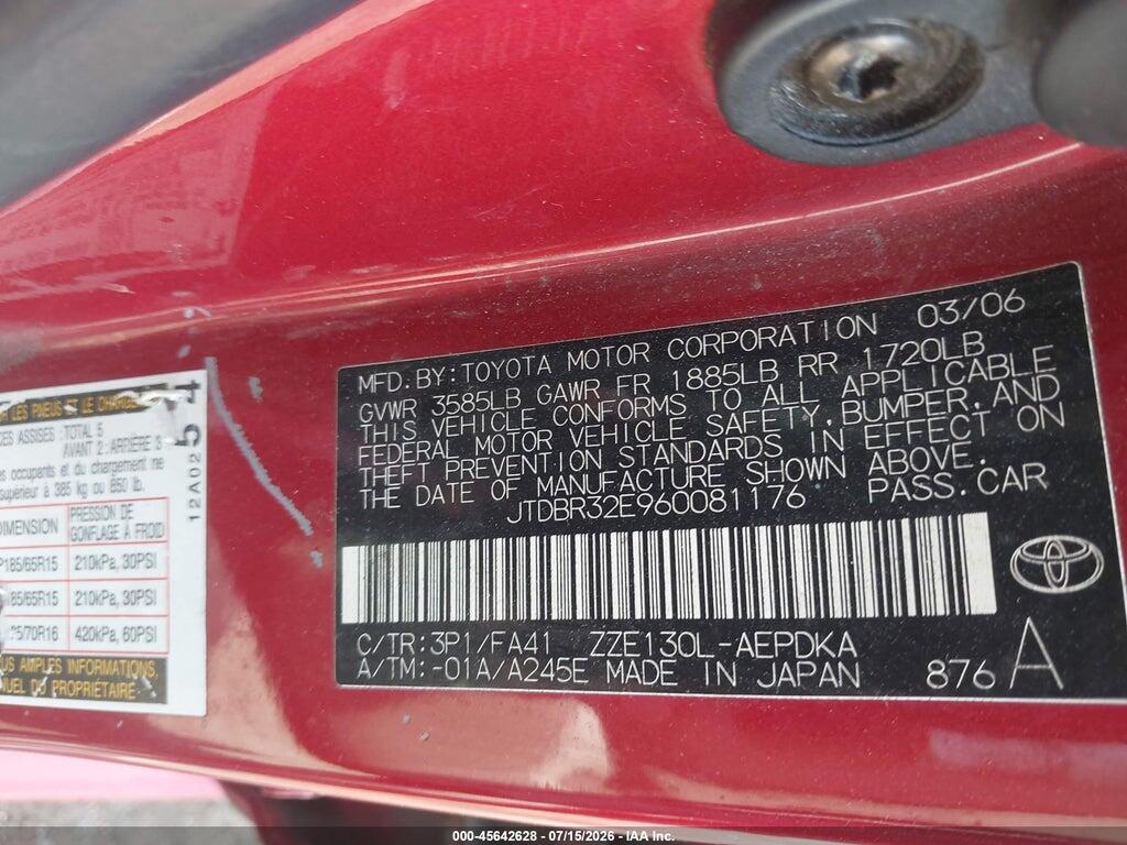 JTDBR32E960081176 2006 TOYOTA COROLLA photo no. 9