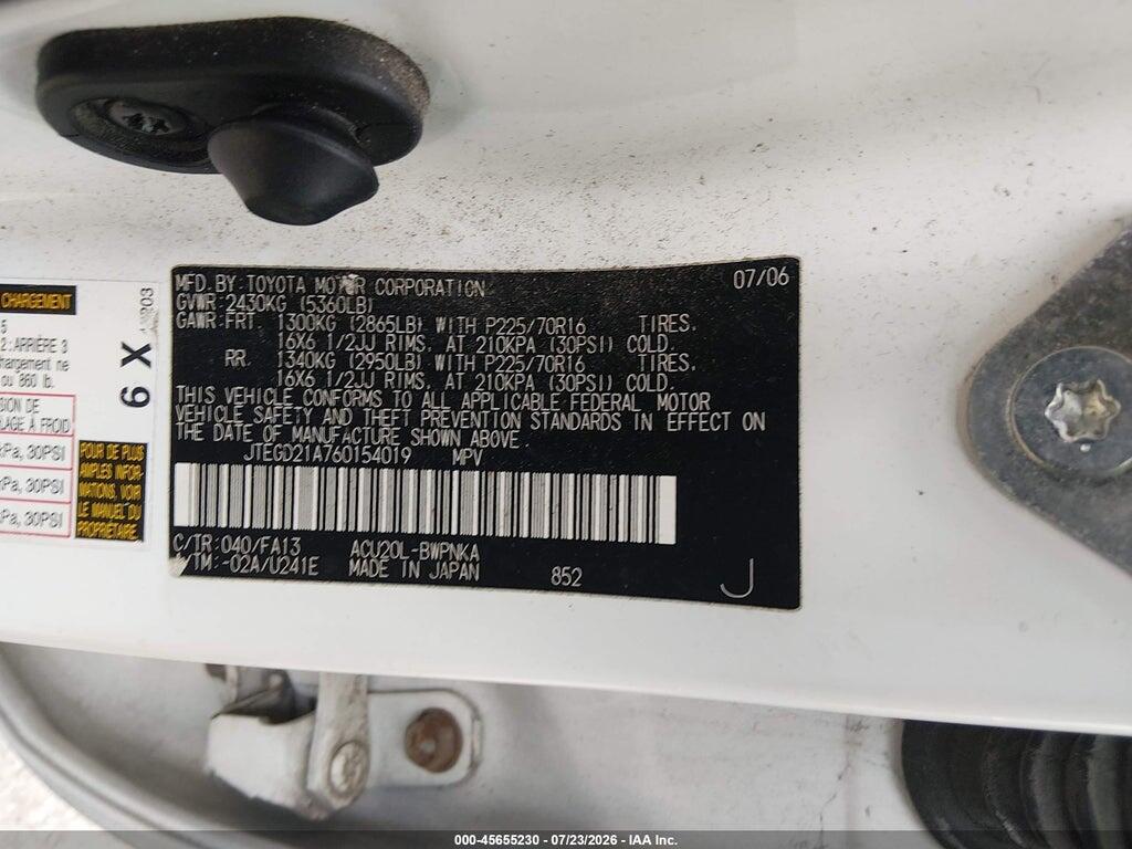 JTEGD21A760154019 2006 TOYOTA HIGHLANDER photo no. 9
