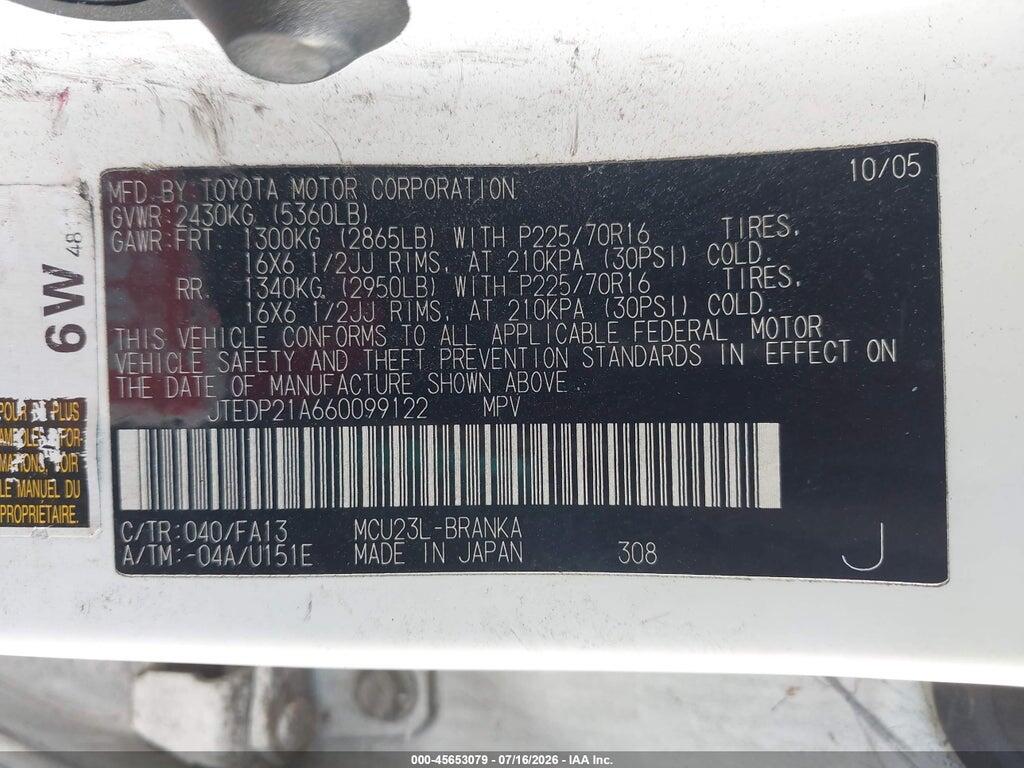 JTEDP21A660099122 2006 TOYOTA HIGHLANDER photo no. 9