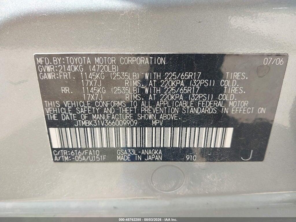 JTMBK31V366009909 2006 TOYOTA RAV4 photo no. 9
