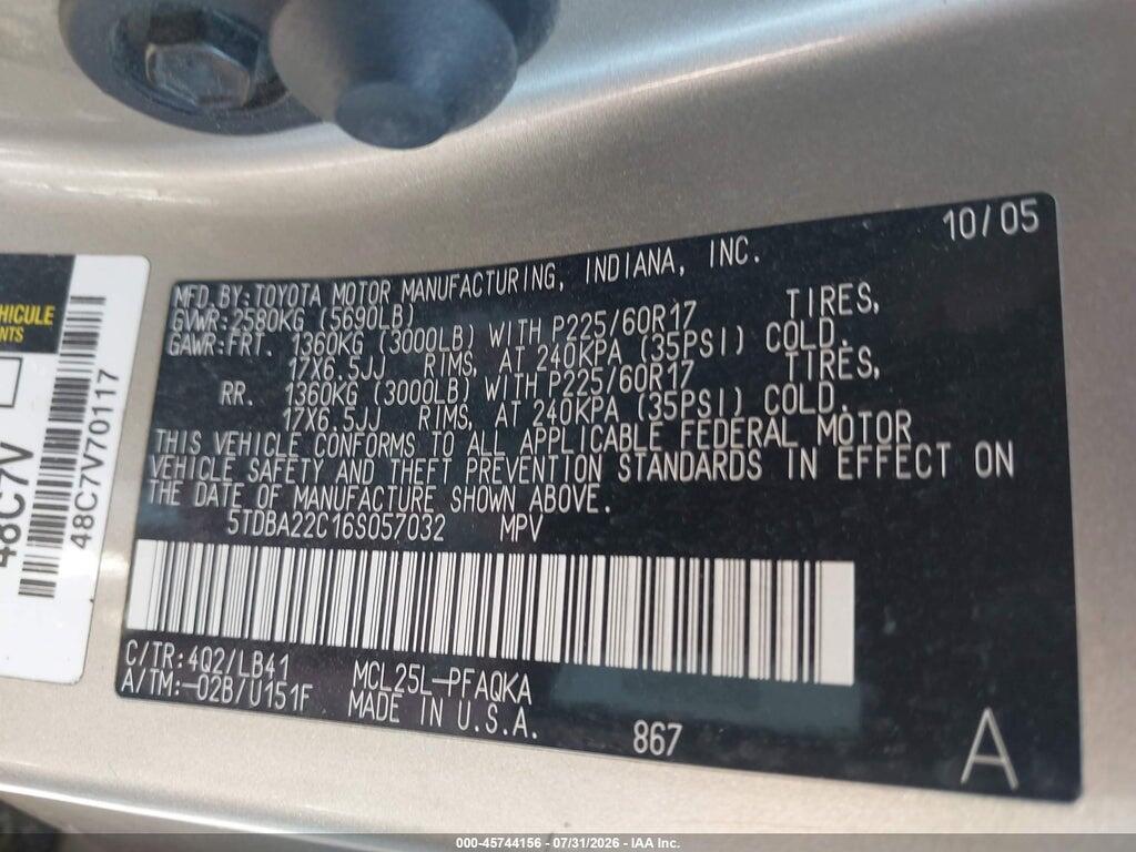 5TDBA22C16S057032 2006 TOYOTA SIENNA photo no. 9