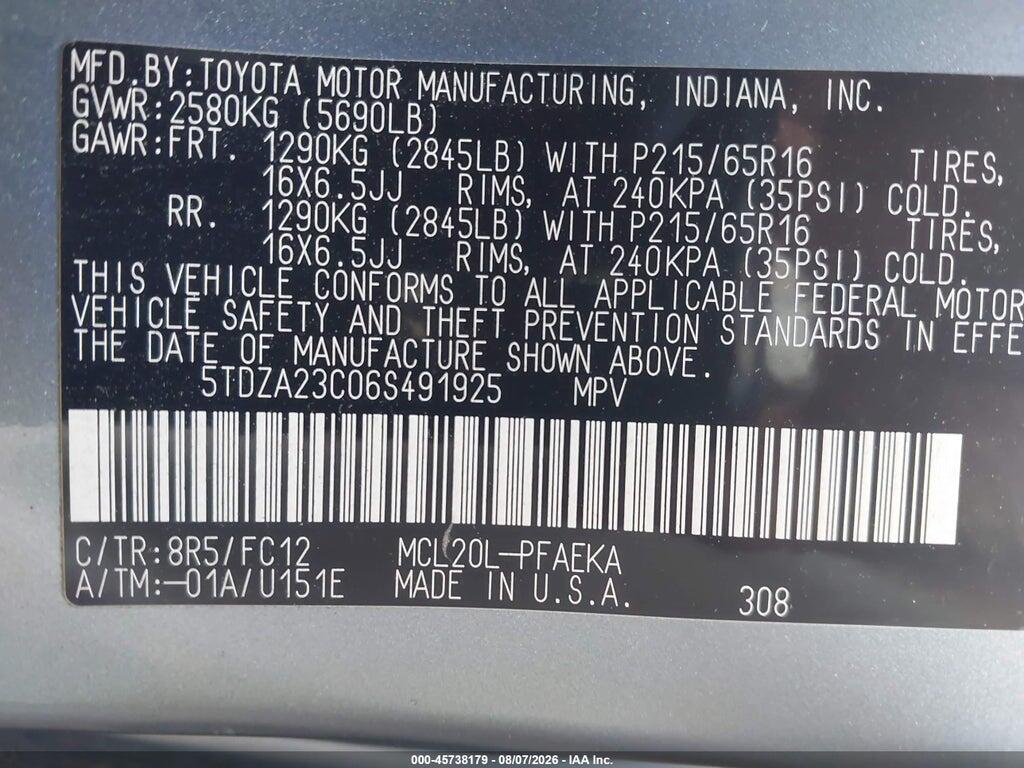 5TDZA23C06S491925 2006 TOYOTA SIENNA photo no. 9