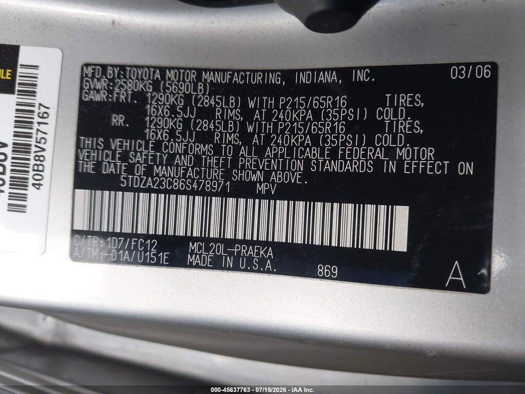 5TDZA23C86S478971 2006 TOYOTA SIENNA photo no. 9
