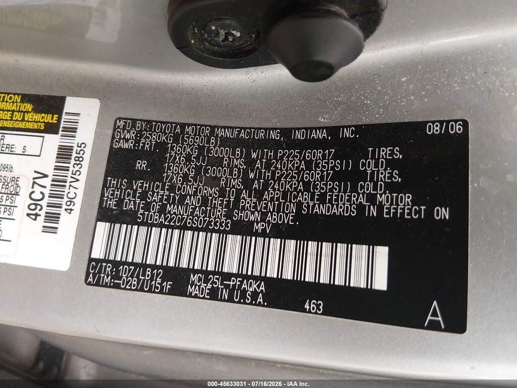 5TDBA22C76S073333 2006 TOYOTA SIENNA photo no. 9