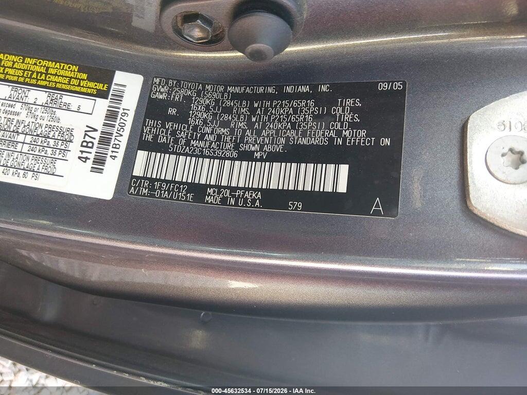 5TDZA23C16S392806 2006 TOYOTA SIENNA photo no. 9