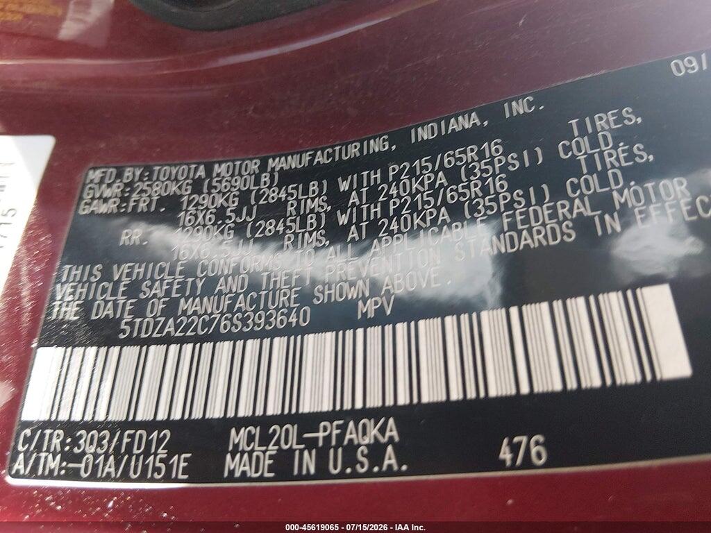 5TDZA22C76S393640 2006 TOYOTA SIENNA photo no. 9