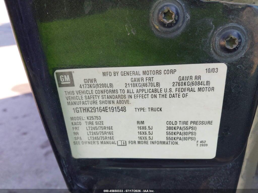 1GTHK29164E191548 2004 GMC SIERRA 2500HD photo no. 9