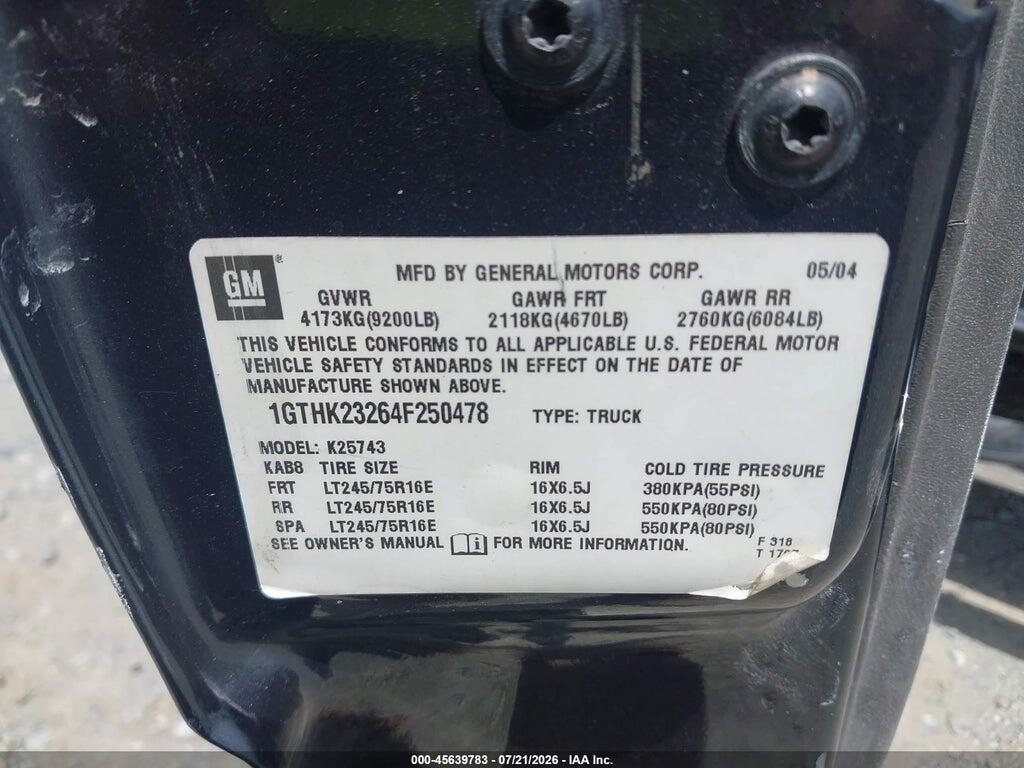 1GTHK23264F250478 2004 GMC SIERRA 2500HD photo no. 9