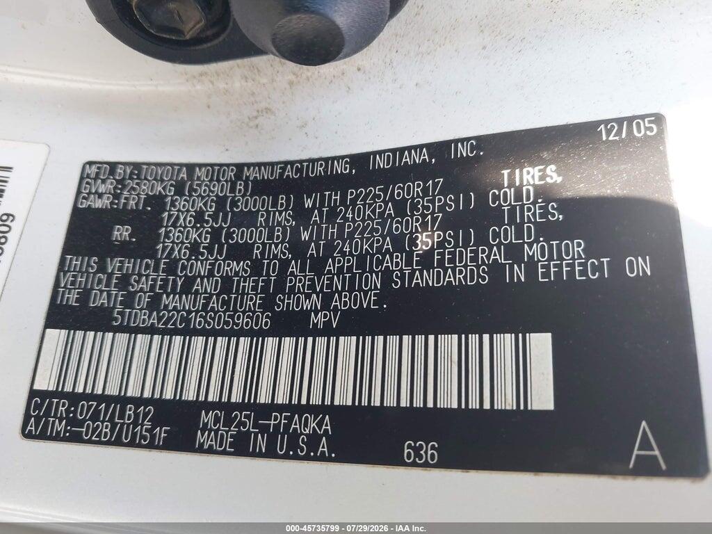 5TDBA22C16S059606 2006 TOYOTA SIENNA photo no. 9