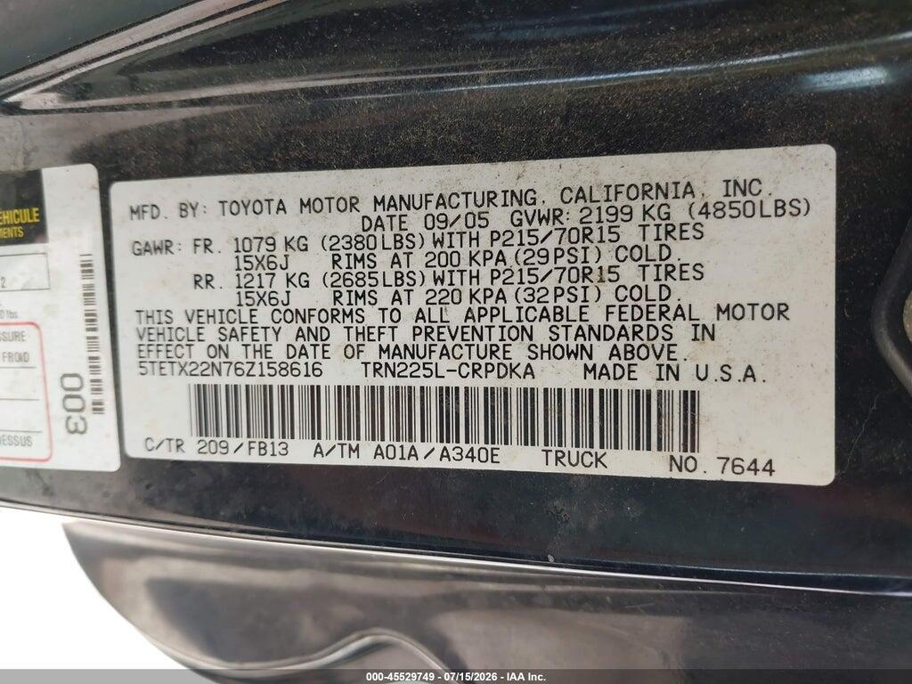 5TETX22N76Z158616 2006 TOYOTA TACOMA photo no. 9