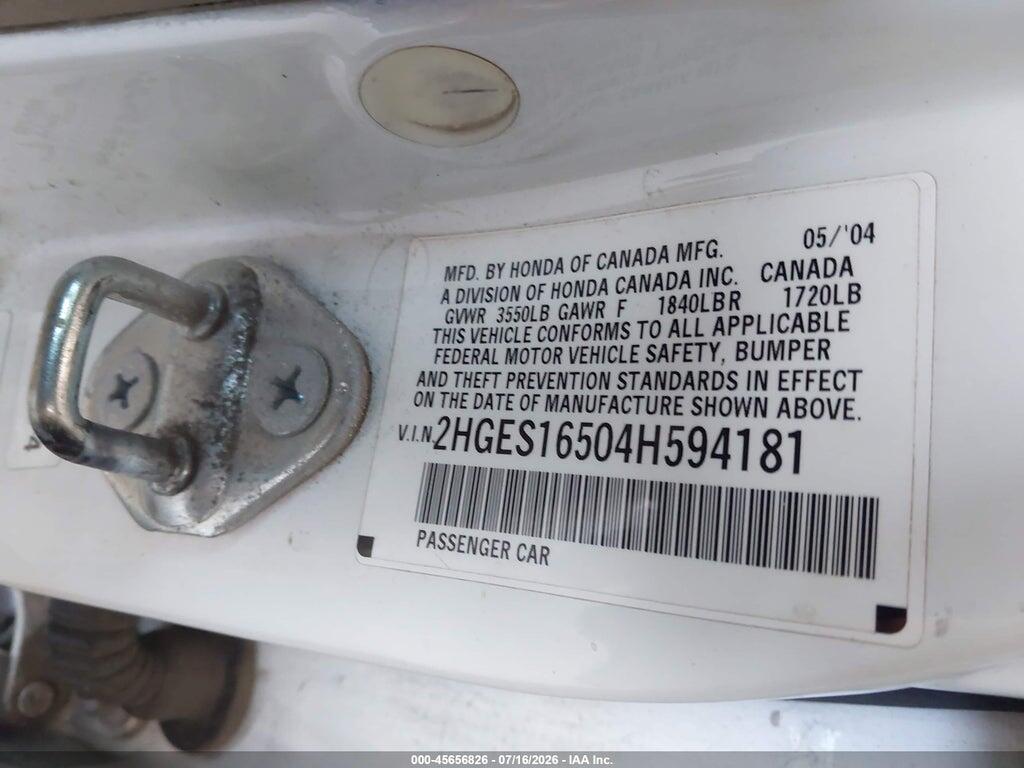 2HGES16504H594181 2004 HONDA CIVIC photo no. 9