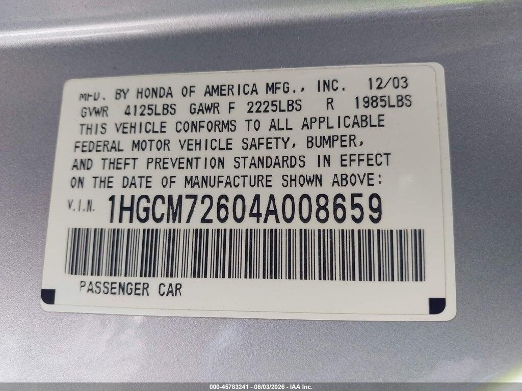 1HGCM72604A008659 2004 HONDA ACCORD photo no. 9