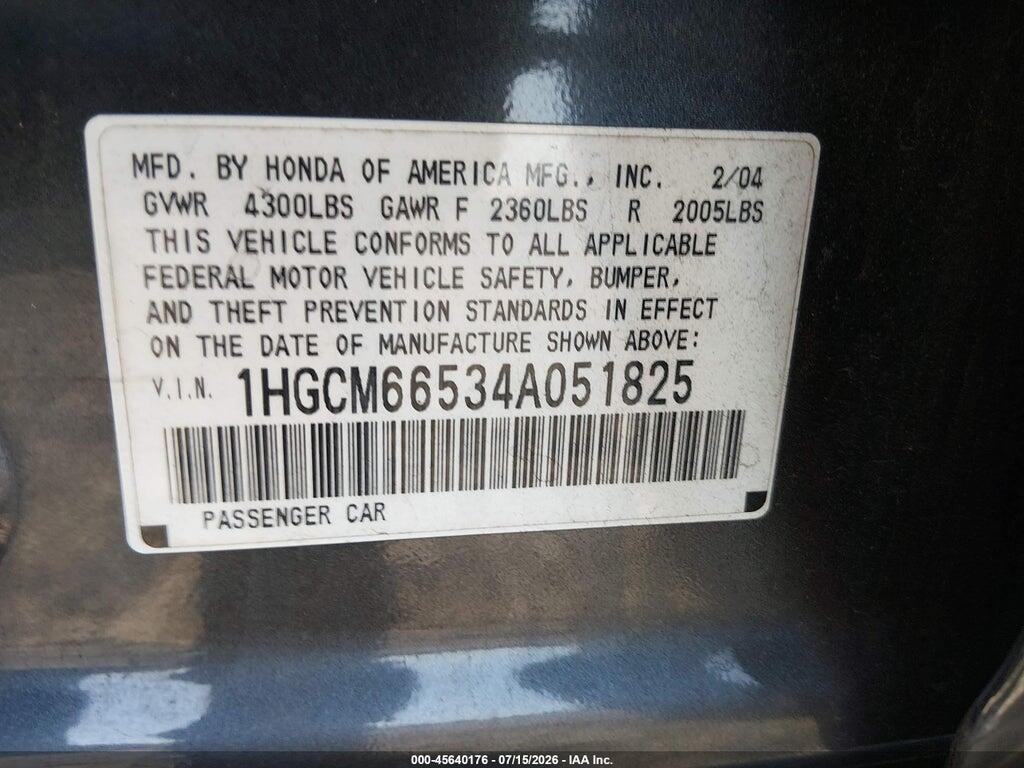 1HGCM66534A051825 2004 HONDA ACCORD photo no. 9