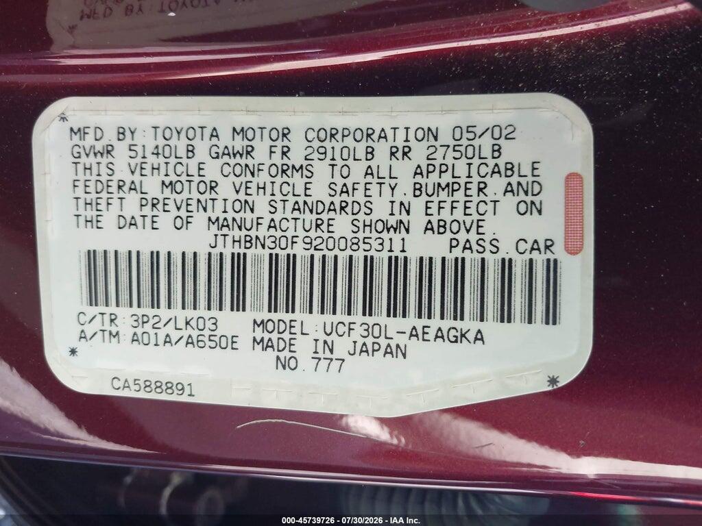JTHBN30F920085311 2002 LEXUS LS 430 photo no. 9