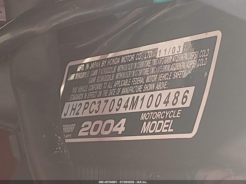 JH2PC37094M100486 2004 HONDA CBR600 photo no. 10